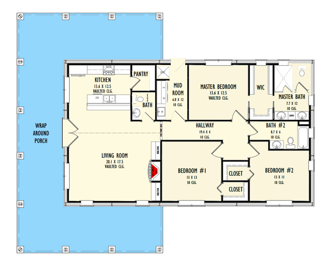 Plan 777043MTL: 1760 Square Foot 3-Bed Rustic One-Story Farmhouse with 3-Side Wraparound Porch - Floor Plan - Main Level - Barndominium, Country, Farmhouse, Ranch, Rustic