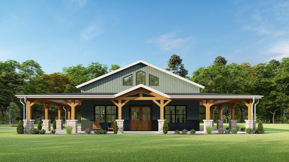 House plan exterior: Modern Farmhouse style, one story, with a wide covered porch, exposed beams, and a prominent gable with three angled windows.
