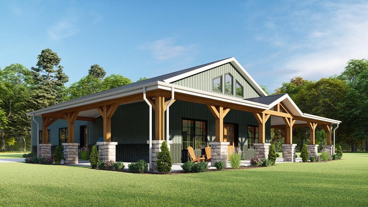 House plan exterior, modern farmhouse style, one story with a wraparound porch, exposed wooden beams, and stone column bases.