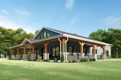1760 Square Foot 3-Bed Rustic One-Story Farmhouse with 3-Side Wraparound Porch