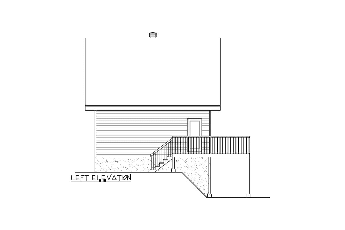 Left elevation drawing of a house plan showing siding, a door, a deck with railings, and stairs to ground level.