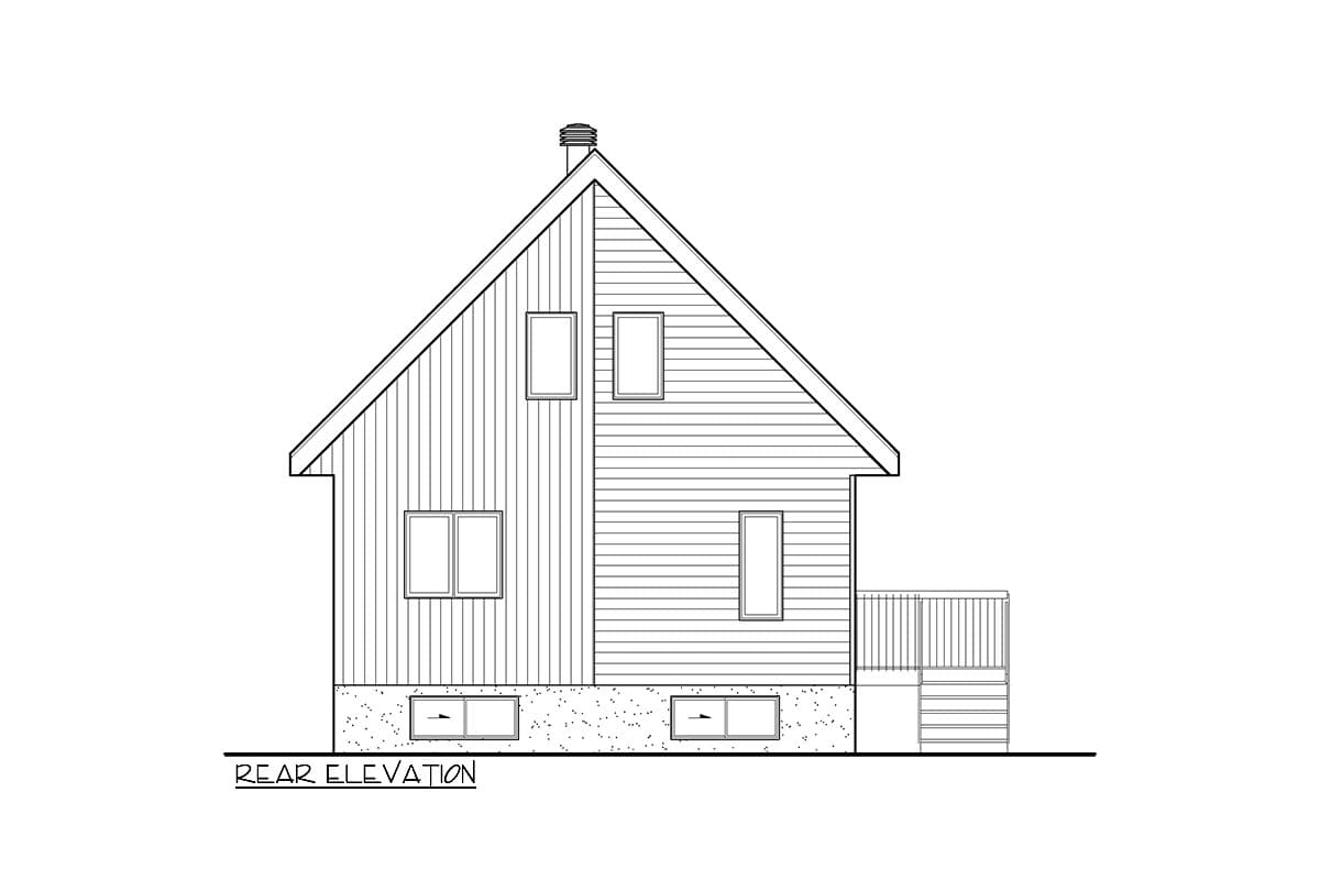 Rear elevation drawing of a house plan with a gable roof, chimney, multiple windows, and a rear deck with stairs.