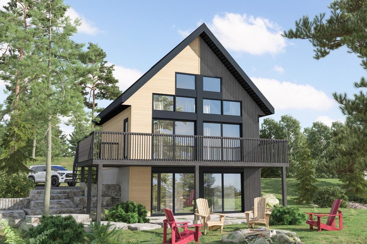 House plan exterior. Two-story, modern-style home with gabled roof, balcony, and large windows. The house features vertical siding.