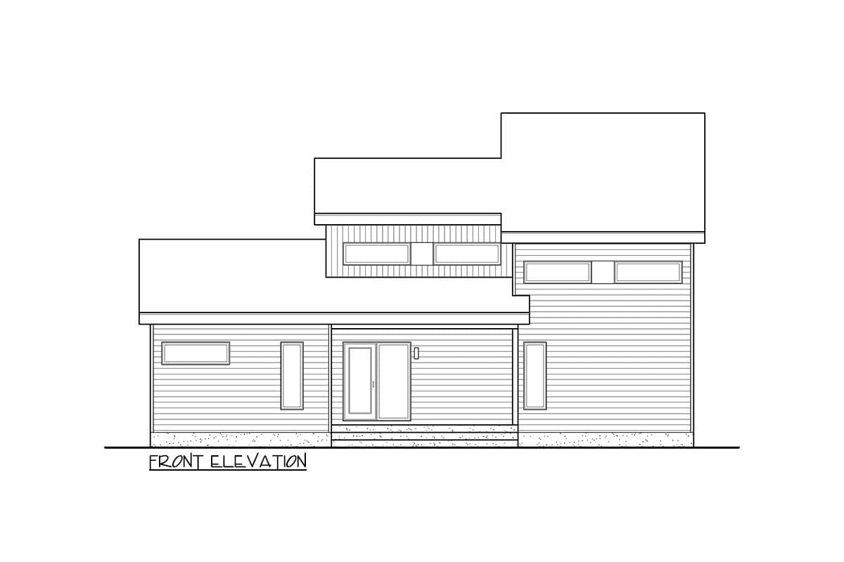 Front elevation drawing of a two-story house with horizontal siding, a covered entry, and varied rooflines.
