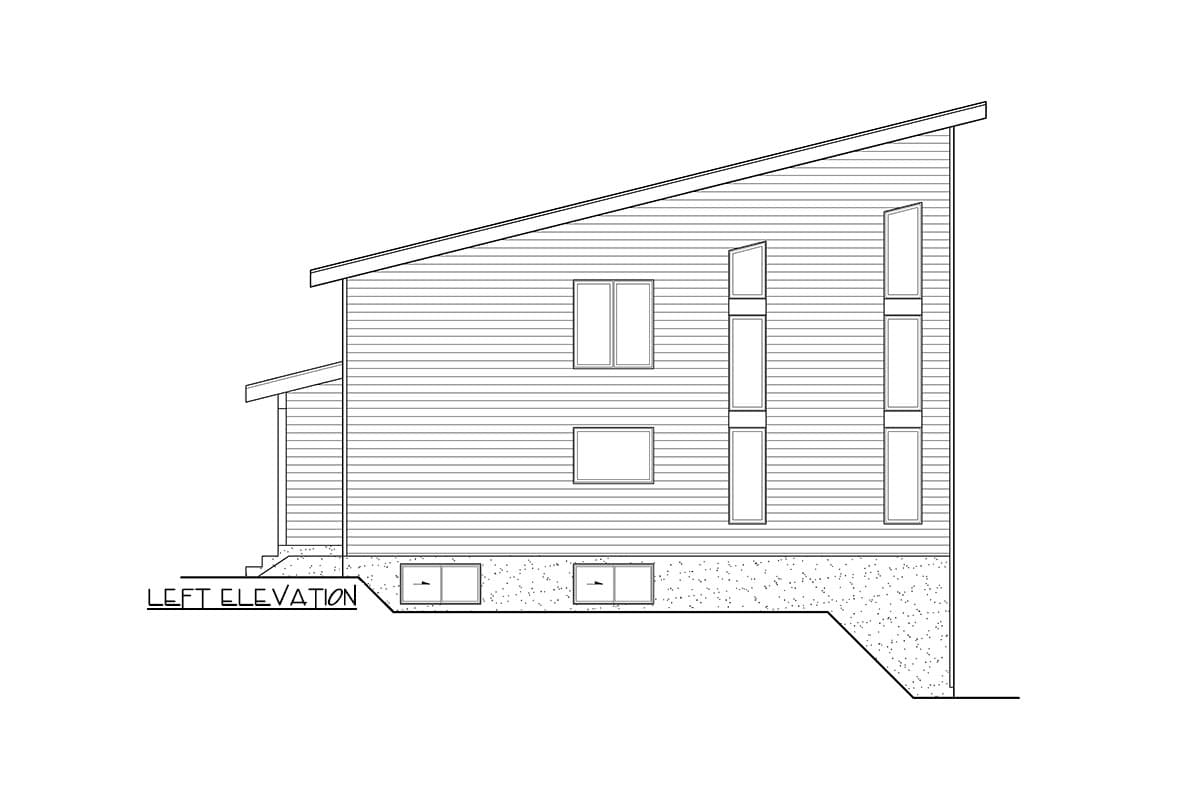 Left elevation drawing of a modern house plan featuring a slanted roof, horizontal siding, and varied window sizes.