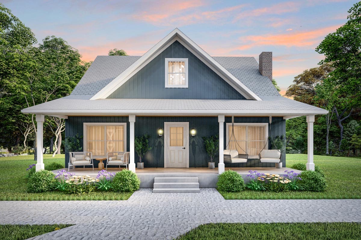 House plan exterior. Two-story cottage style with a front porch, gabled roof, and dormer window. Features include a brick chimney and swing.