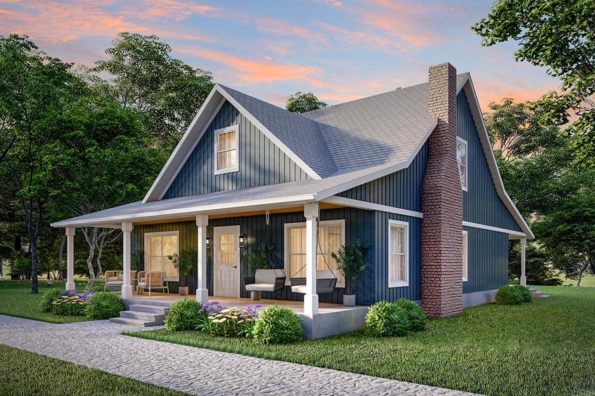 House plan exterior: Two-story Modern Farmhouse with wraparound porch, gables, and brick chimney.