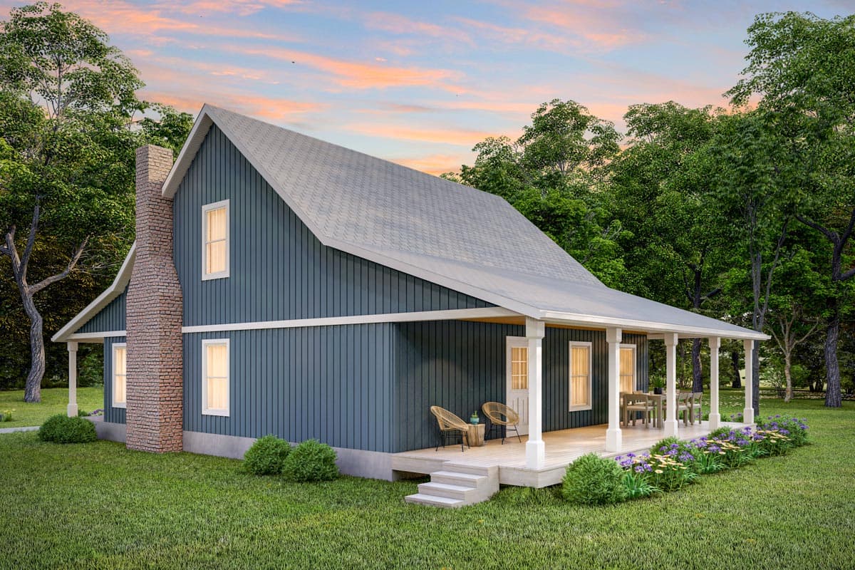 House plan exterior: Tall gabled roof, prominent brick chimney, and a wide wrap-around porch with columns.