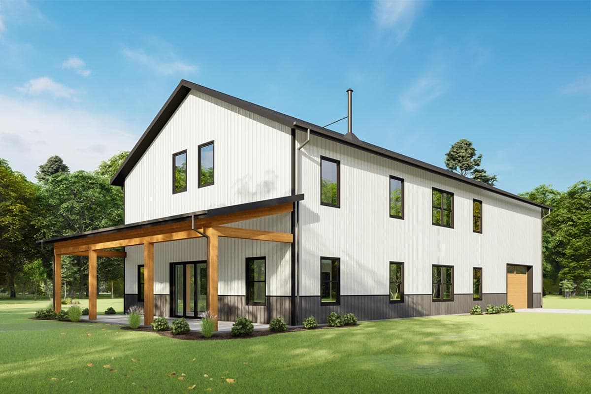 House plan exterior with two stories. Modern farmhouse style with gabled roof, covered porch, and a garage.