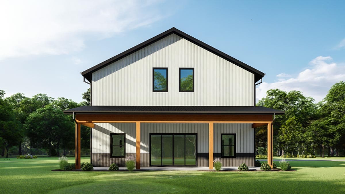 Modern Farmhouse house plan exterior with gabled roof, board and batten siding, and covered porch with wooden posts.