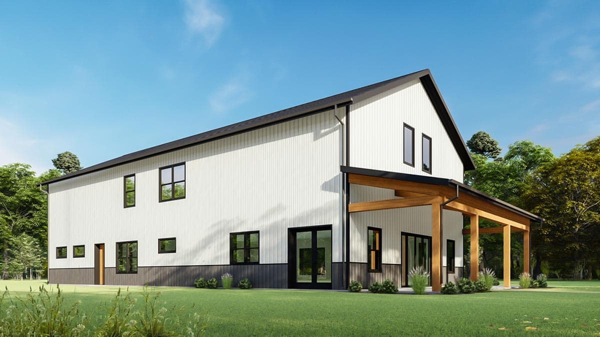 House plan exterior: Two-story modern farmhouse with vertical siding, gable roof, covered porch with exposed wood beams, and black windows.