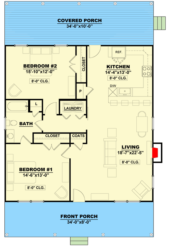 Plan 810020RBT: 1-Story Farmhouse Cottage Home Plan with 8' and 10' Foot Deep Porches Front and Back - Floor Plan - Main Level - Cabin, Cottage, Country, Farmhouse, Modern Farmhouse, Rustic, Traditional, Vacation
