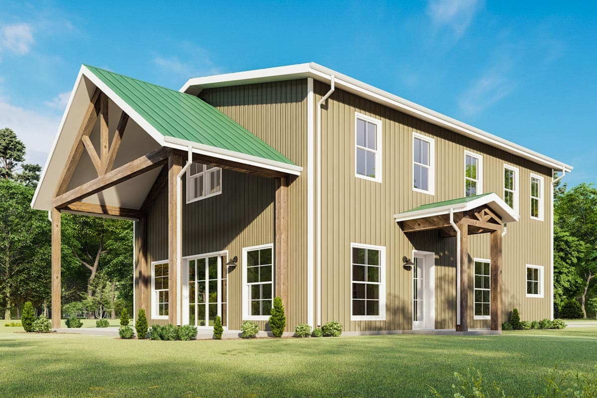 House plan exterior. Two-story home with Craftsman-style elements. Features include a front porch, gables, and a metal roof.
