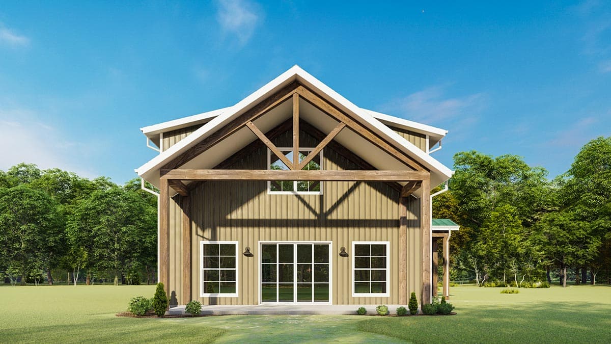 House plan exterior: Modern design with exposed timber beams, gabled roof, vertical siding, and large windows.