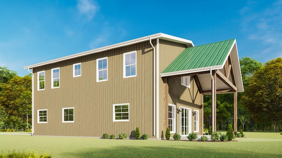 House plan exterior: Two-story modern farmhouse with beige vertical siding, multiple windows, and a covered front porch with a green metal roof.