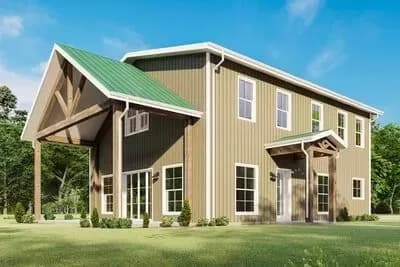Boxy Barndominium-Style House Plan with Vaulted Side Porch
