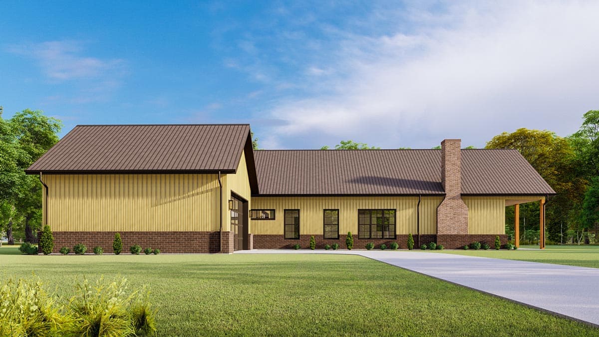 House plan exterior: Ranch style with metal roof, vertical siding, brick base, garage door, and prominent brick chimney.
