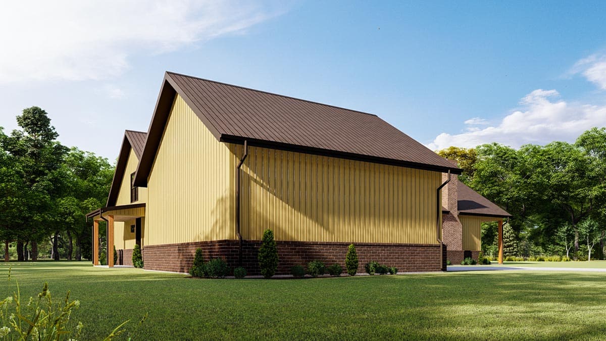 House plan exterior with vertical siding, brick base, prominent gables, and metal roof.
