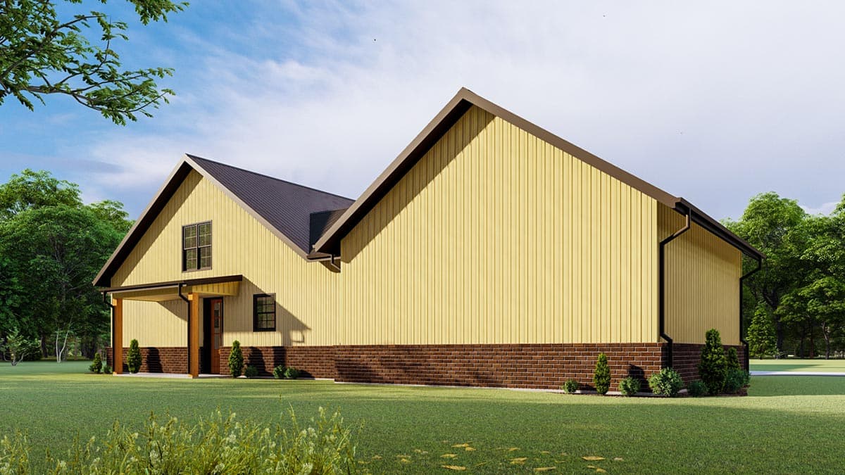 House plan exterior: Modern Farmhouse style, two stories, metal roof, porch, vertical siding, and brick wainscoting.