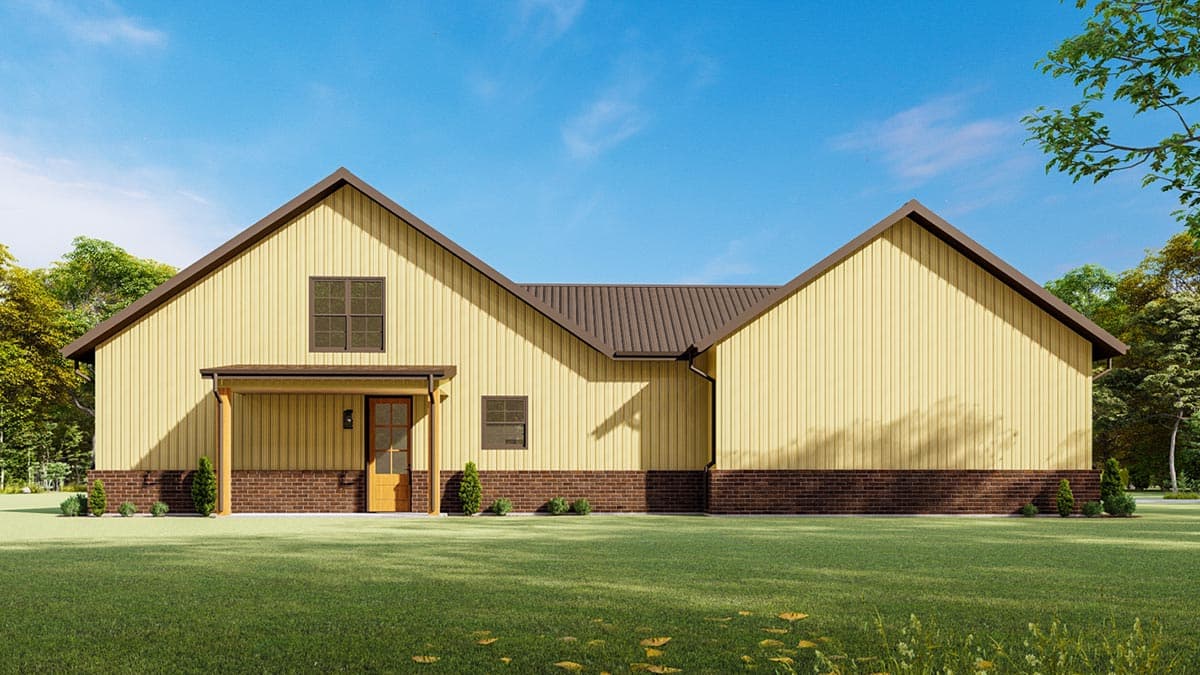 House plan exterior, one story, metal roof, gabled dormers, wood-clad walls, brick foundation, and covered entry.