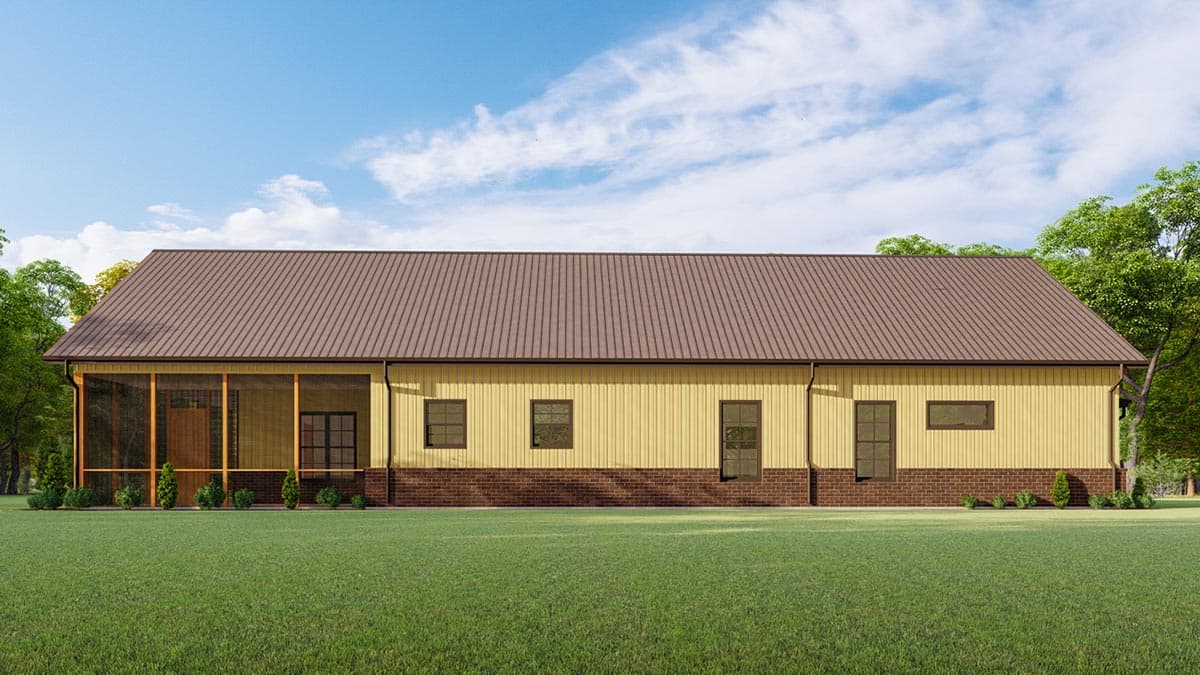 One-story house plan exterior with metal gable roof, screened porch, and yellow vertical siding above brick foundation.