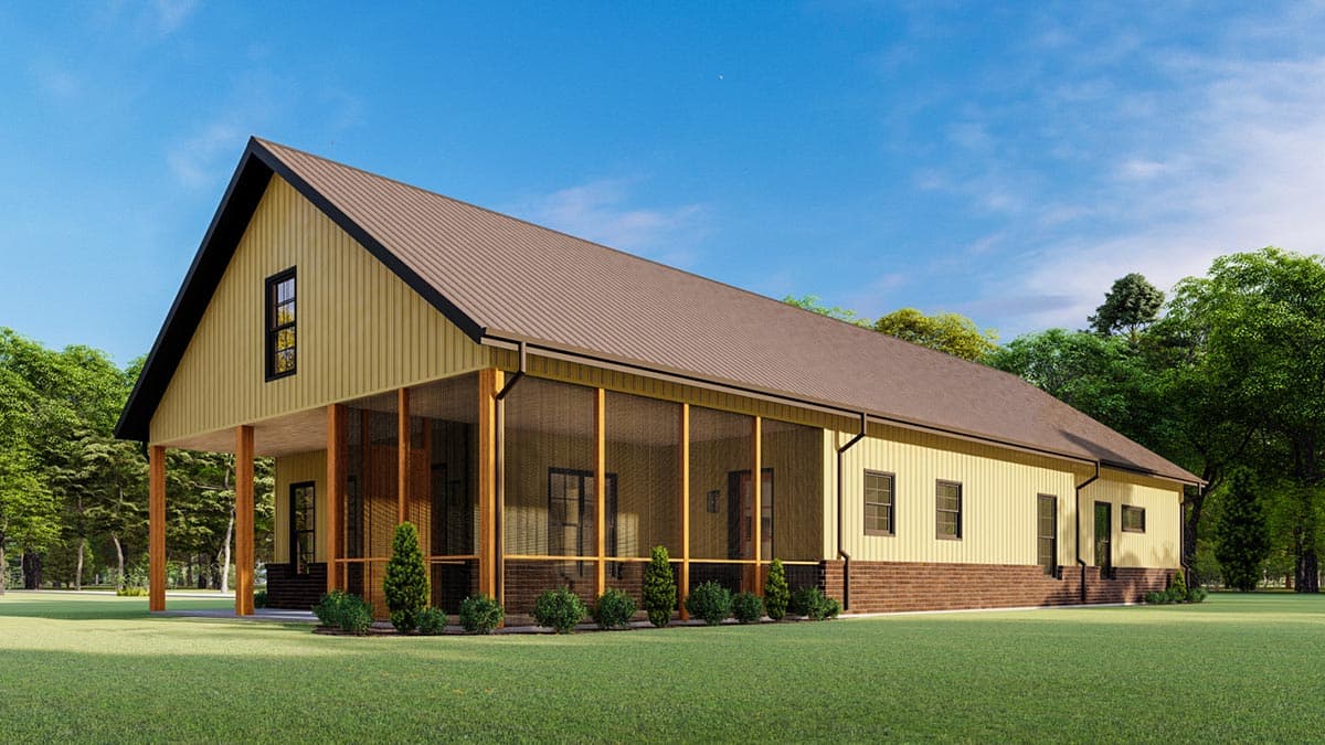 House plan exterior of a one-story Modern Farmhouse with a metal gable roof, wide screened porch, and vertical siding.