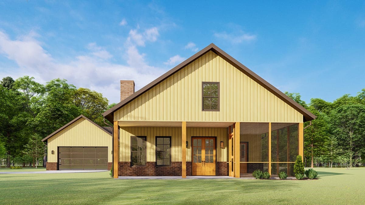 House plan exterior: One-story Modern Farmhouse with gabled roof, brick base, large front porch, and attached two-car garage.
