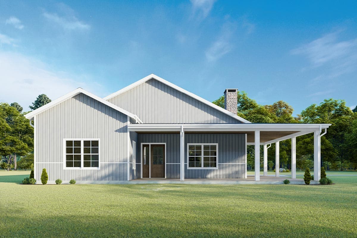 House plan exterior featuring a modern farmhouse style with a covered porch, gabled rooflines, and a stone chimney.
