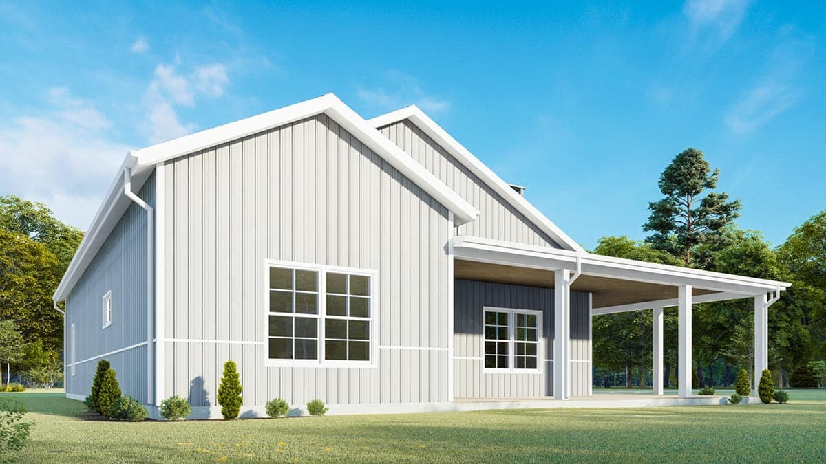 House plan exterior: Modern Farmhouse style, one story, white vertical siding, gabled roof, covered porch with white columns.