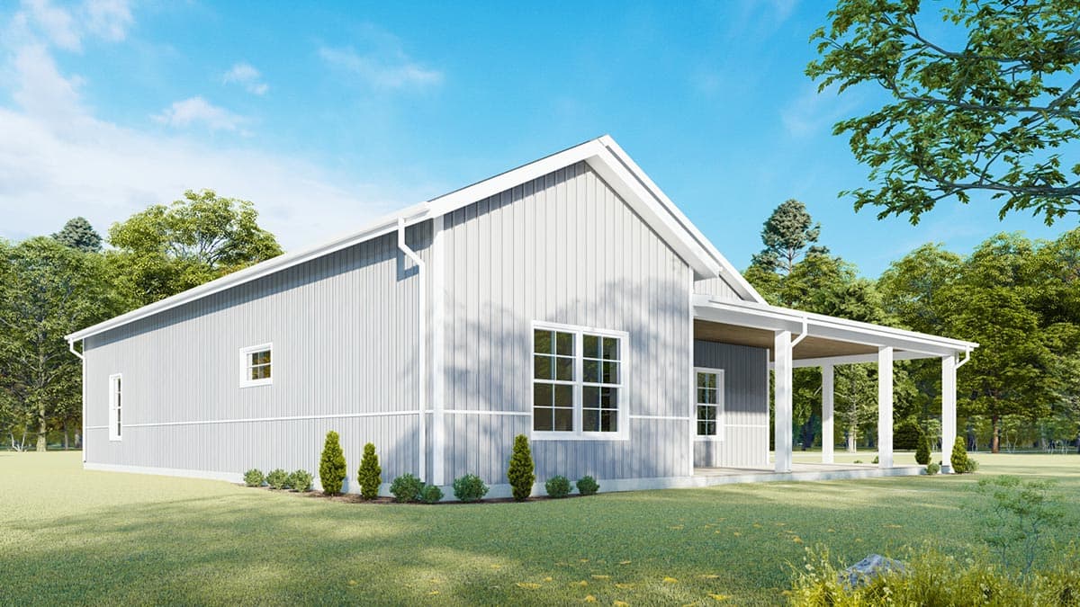Ranch house plan exterior with vertical siding, gable roof, and covered front porch with white columns.