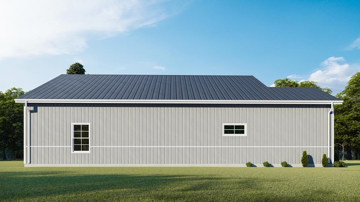 House plan exterior, single story, gray vertical siding, dark metal roof, two windows on side elevation.