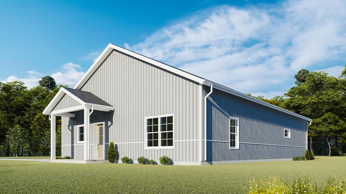 House plan exterior with gabled entrance porch, white trim, and vertical siding.