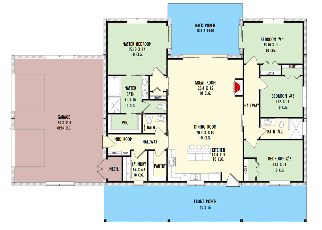 Plan 777048MTL: Farmhouse Ranch Plan with 10 Ft Deep Front Porch and Central Living Space - Floor Plan - Main Level - Barndominium, Country, Craftsman, Farmhouse, Modern Farmhouse, Ranch, Rustic