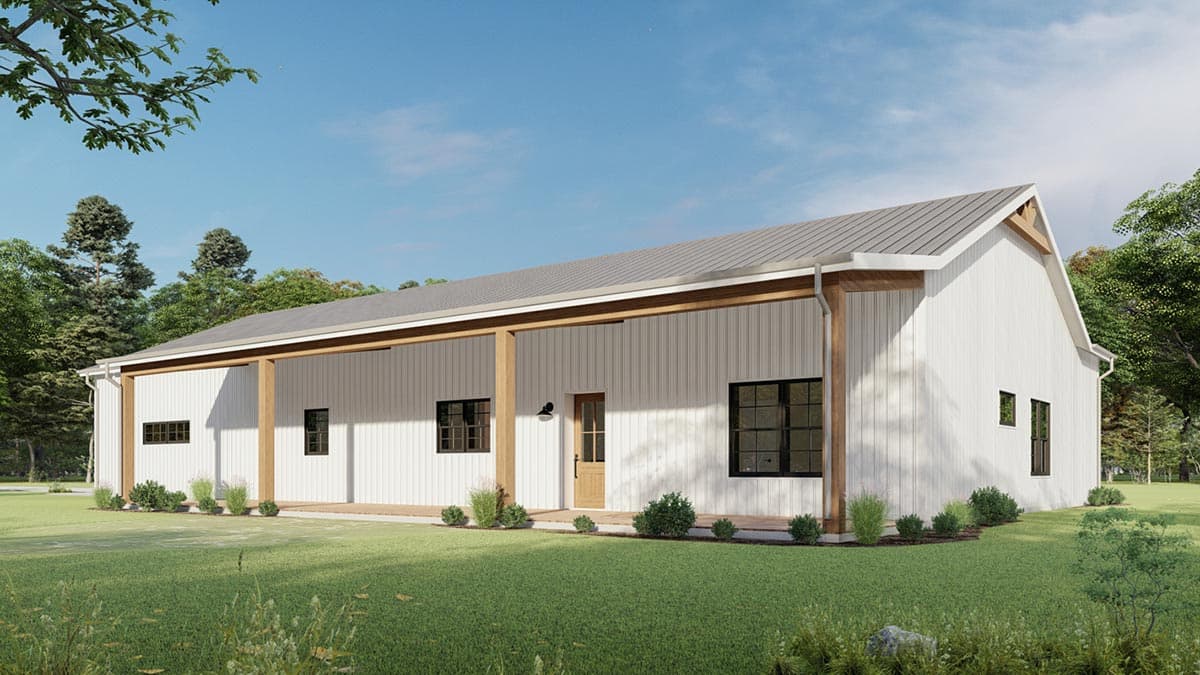 House plan exterior, modern farmhouse style, single story, with a covered porch, metal roof, and vertical siding.