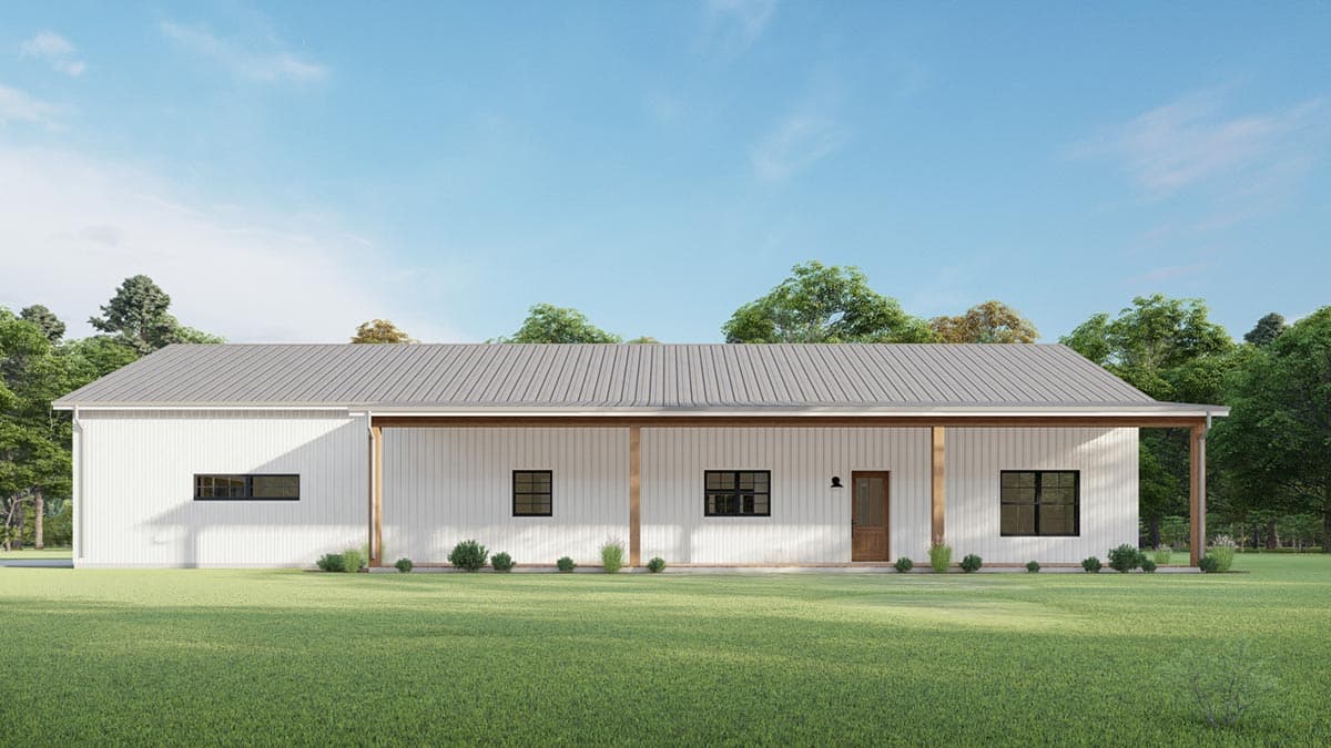 House plan exterior. One-story modern farmhouse with metal roof. Features include a covered porch, rectangular windows, and vertical siding.