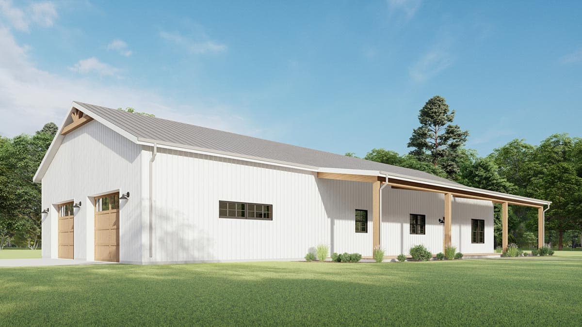 House plan exterior: Modern one-story with gable roof, twin garage doors, and covered porch supported by wood columns.