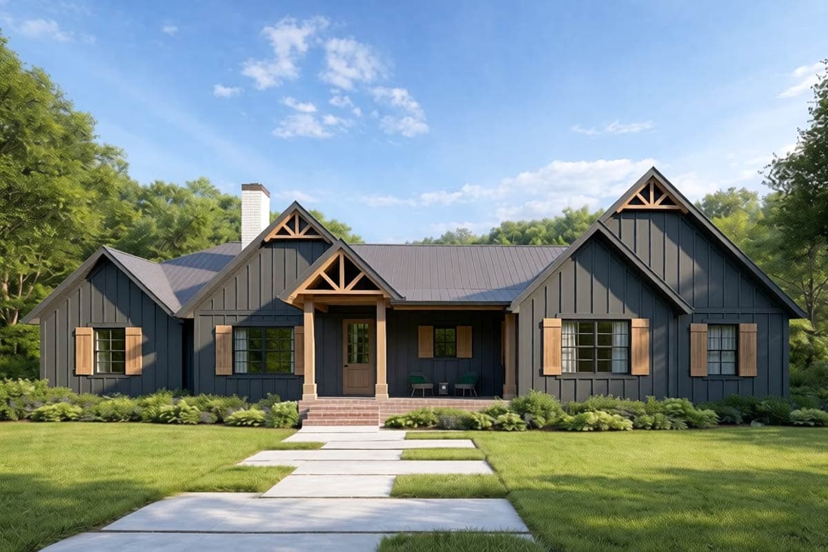 A modern, dark-gray farmhouse with wood accents and shutters sits on a green lawn, with a pathway leading to the front door under a blue sky.