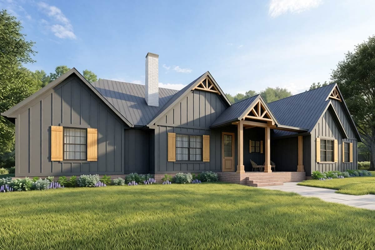 Exterior view of a dark gray modern farmhouse with a porch and wooden shutters. The house is surrounded by a green lawn and trees.