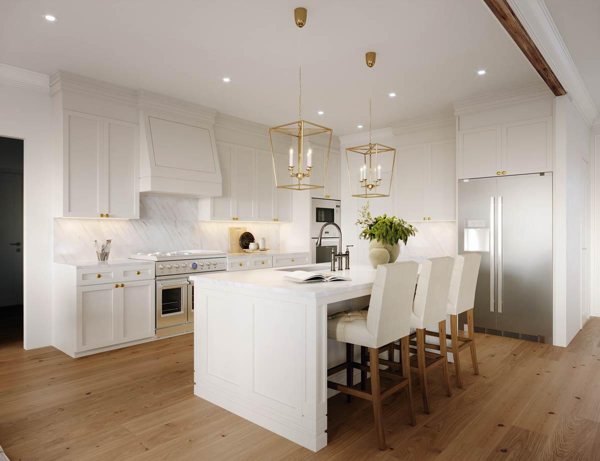 A modern, bright kitchen features a large white island with seating, pendant lights, and stainless steel appliances, all set on wood floors.