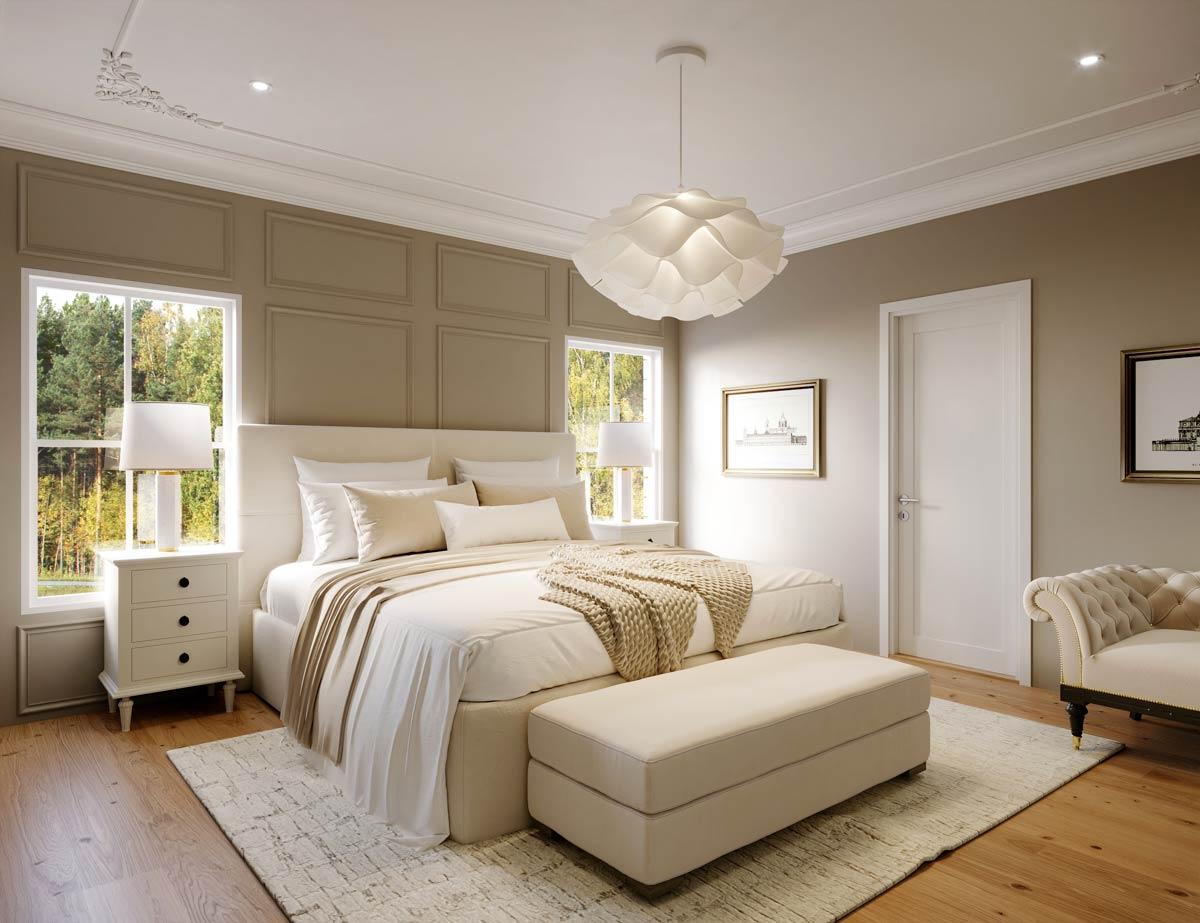 A luxurious bedroom features a large bed with neutral bedding, a patterned rug, and a seating area. Natural light streams in from large windows.