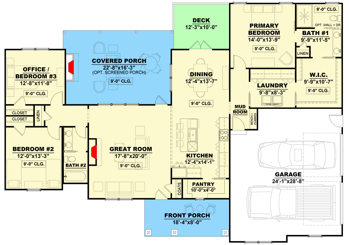 Plan 810022RBT: 1876 Square Foot Rustic One-Story House Plan with Flex Room and Huge Covered Rear Porch - Floor Plan - Main Level - Country, Craftsman, Mountain, New American, Ranch, Rustic, Traditional