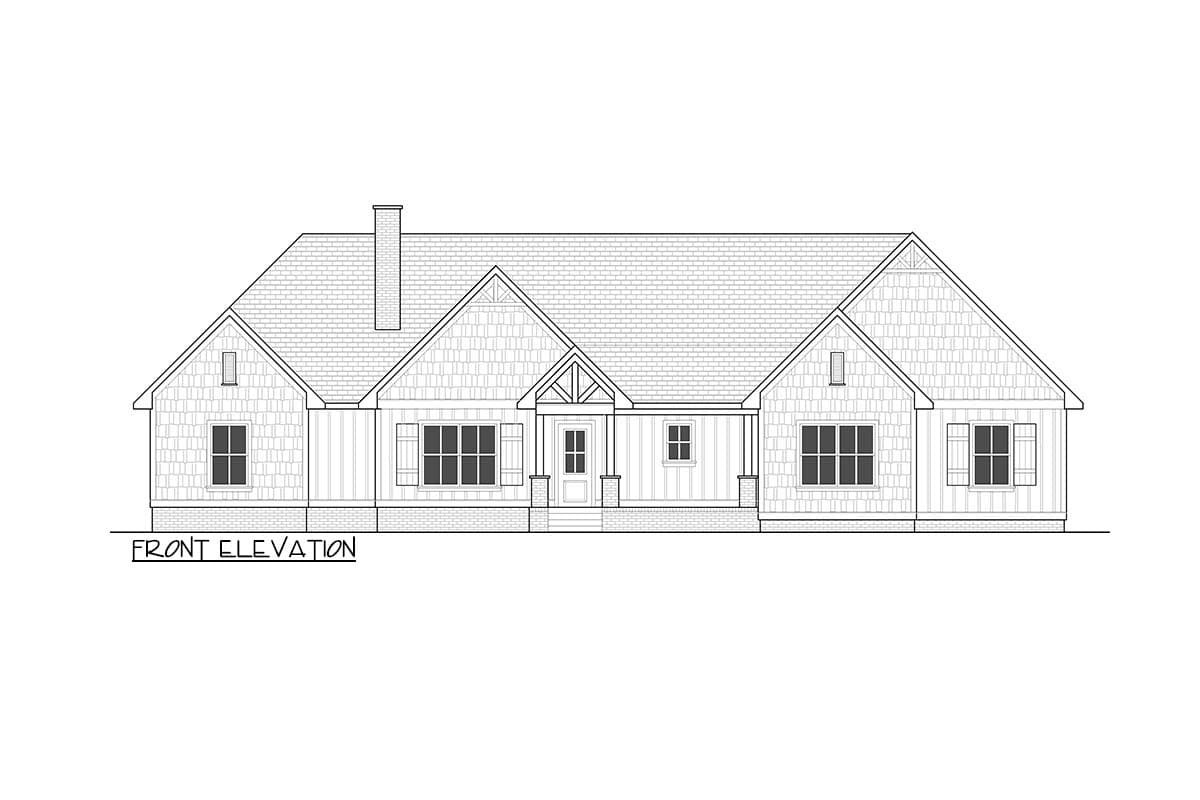 Line drawing of a house front elevation. The house has a gabled roof, shutters, and a small porch over the front door.