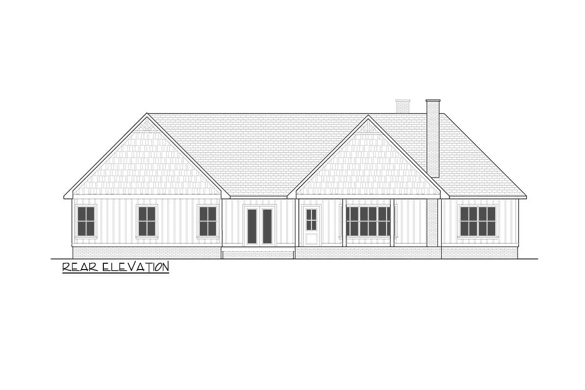 A rear elevation architectural drawing of a single-story house with a gabled roof, multiple windows, and a central chimney.
