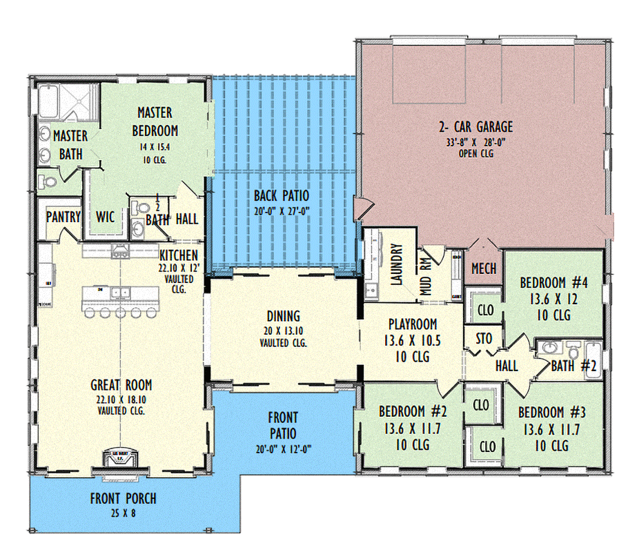 Plan 777049MTL: 4-Bed Rustic Ranch with Playroom and Large 2-Car Rear-Facing Garage - Floor Plan - Main Level - Barndominium, Ranch, Rustic
