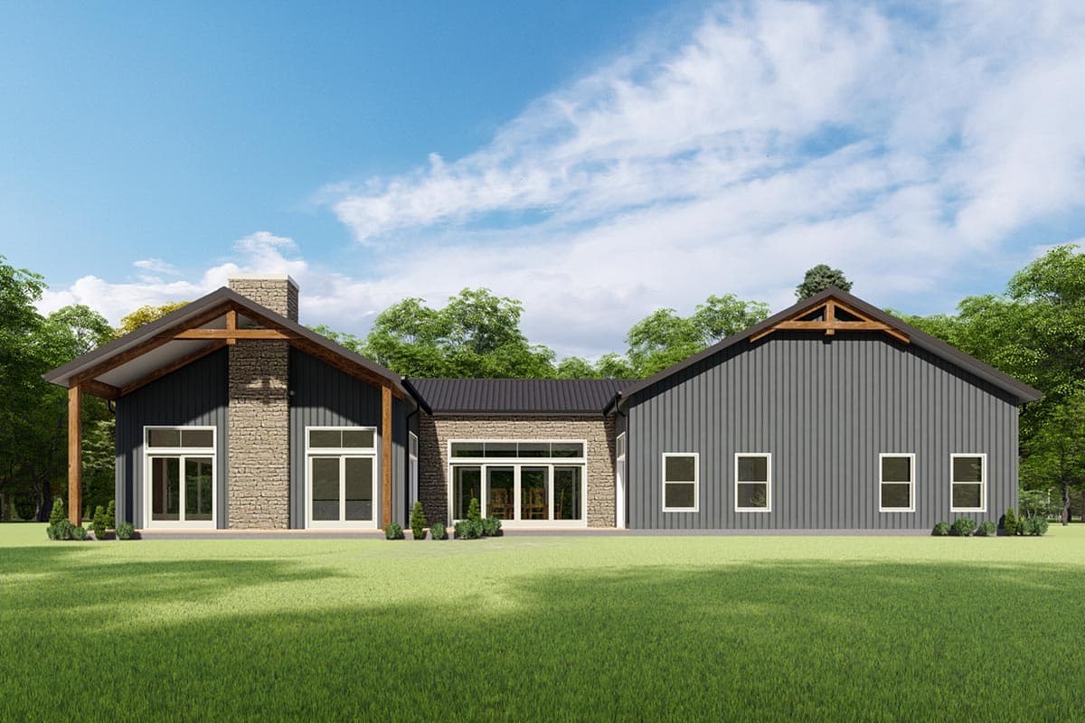 House plan exterior. Modern farmhouse style with gabled roofs, a stone chimney, and exposed timber supports. Features include a covered porch.