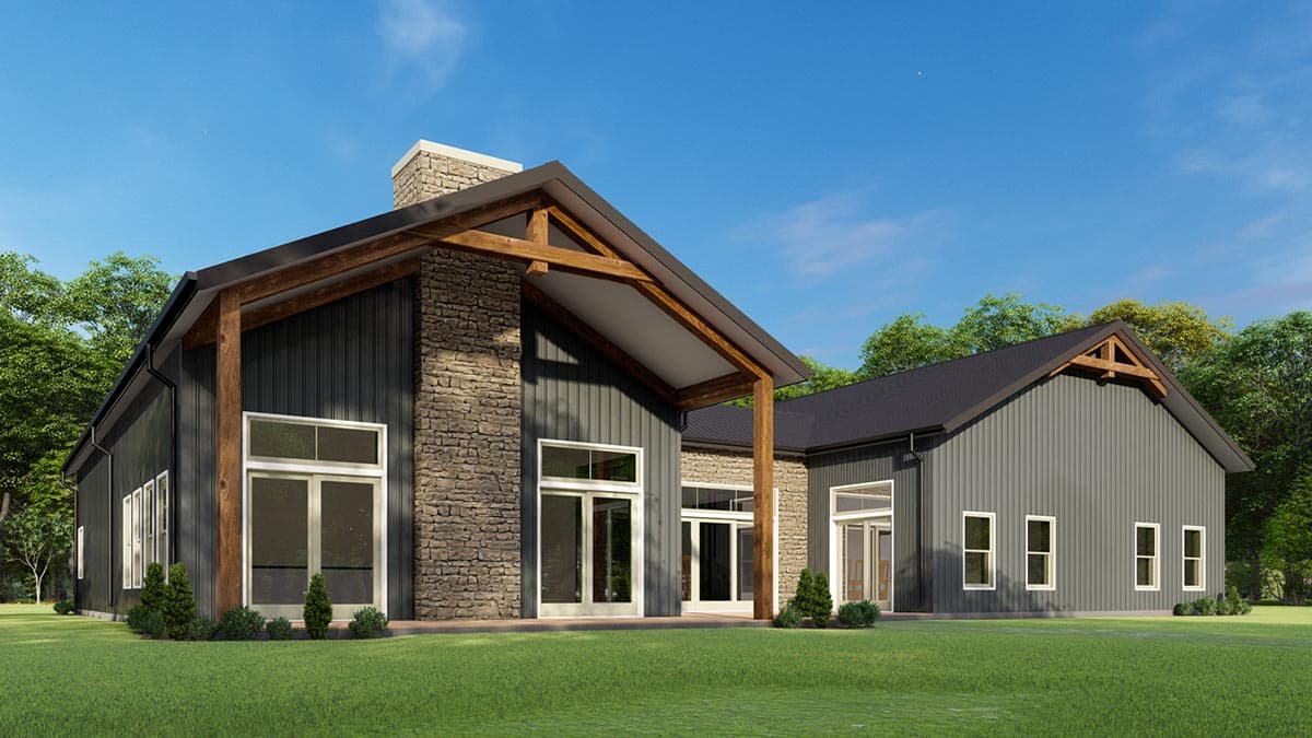 House plan exterior with modern farmhouse style, metal siding, stone accents, exposed wood beams, and large windows.