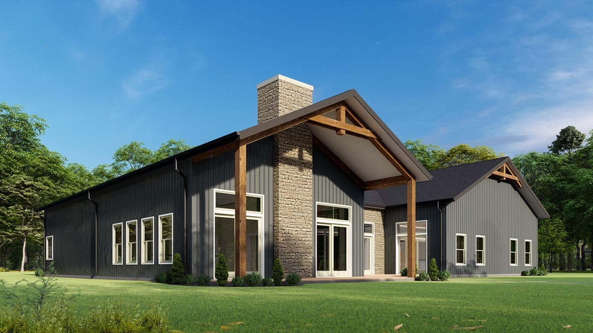 House plan exterior: Modern style, single-story, dark metal siding, stone chimney, exposed wood beams, gabled roof.