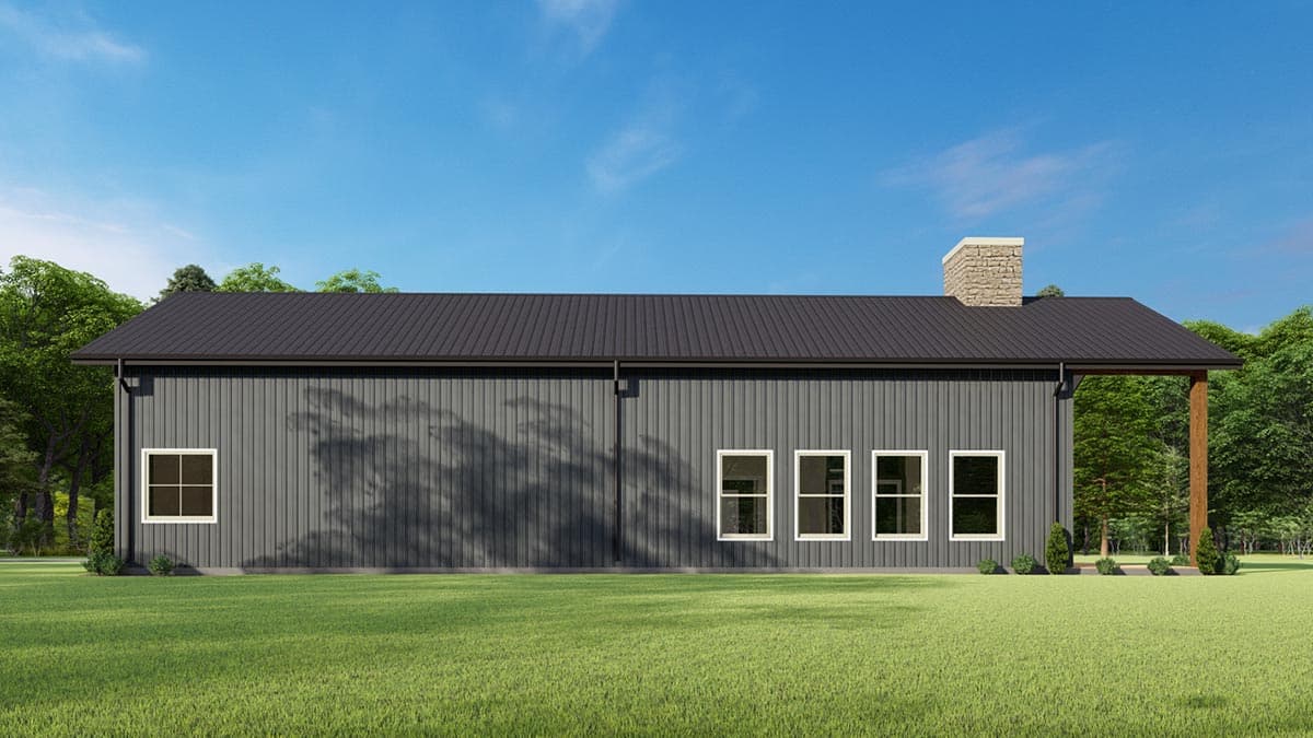 House plan exterior: single-story modern home with dark metal roof, vertical siding, stone chimney, and covered entryway.