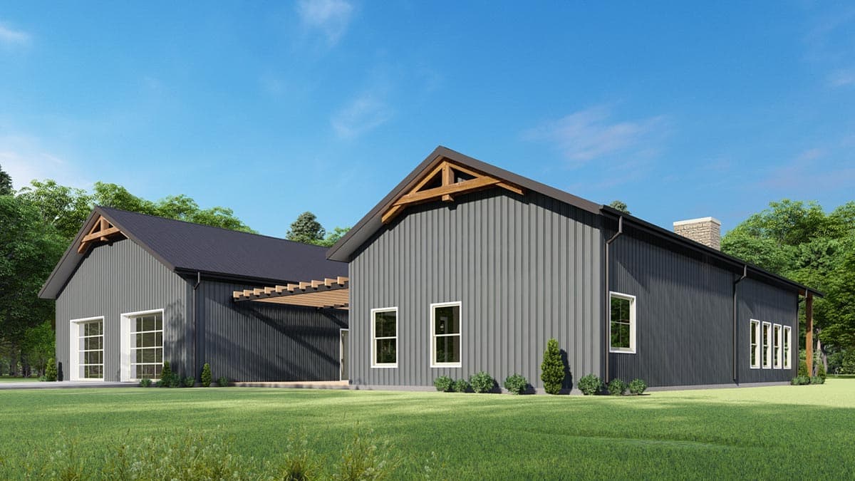 Modern Farmhouse house plan exterior, single story, with metal siding, gabled roof, exposed wood trusses, and large windows.