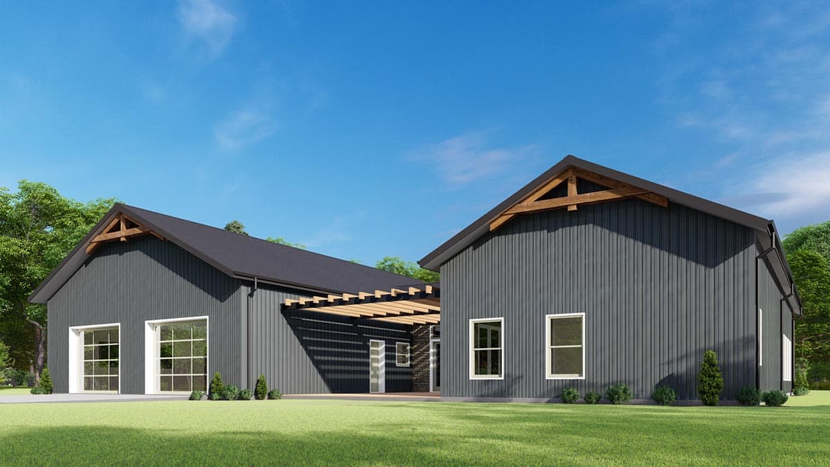 House plan exterior with a Modern Farmhouse style, featuring dark vertical siding, gabled rooflines, exposed wood trusses, and a large garage door.